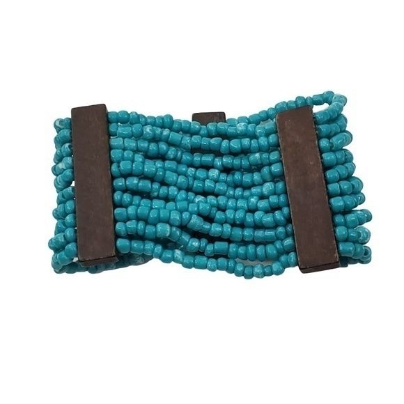 Faux Turquoise Beaded Bracelet Wood Brown Southwes - Picture 1 of 8